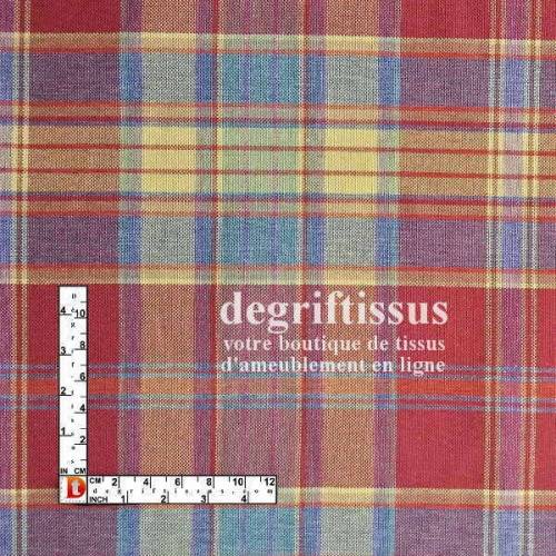 Dégriftissus vous propose ce tissu d&#039;ameublement écossais madras rouge, tissé Jacquard de très haute qualité doublé latex, pour 