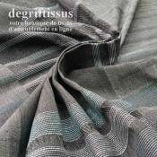 Dégriftissus vous propose ce superbe tissage Jacquard, à larges bandes noires et grises chinées, avec rayures brillantes bleues 