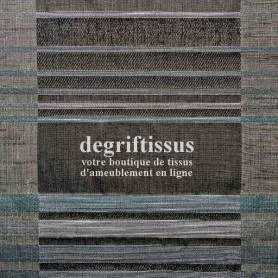 Dégriftissus vous propose ce superbe tissage Jacquard, à larges bandes noires et grises chinées, avec rayures brillantes bleues 