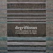 Dégriftissus vous propose ce superbe tissage Jacquard, à larges bandes noires et grises chinées, avec rayures brillantes bleues 