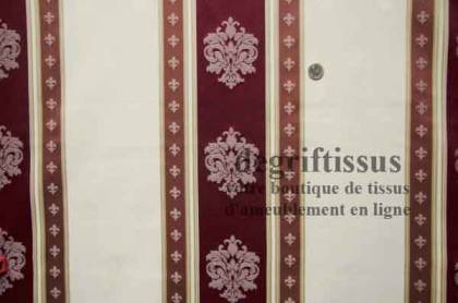 Tissu satiné à bandes avec médaillons et fleurs de lys Dégriftissus vous propose ce superbe tissu d&#039;ameublement de style, satiné