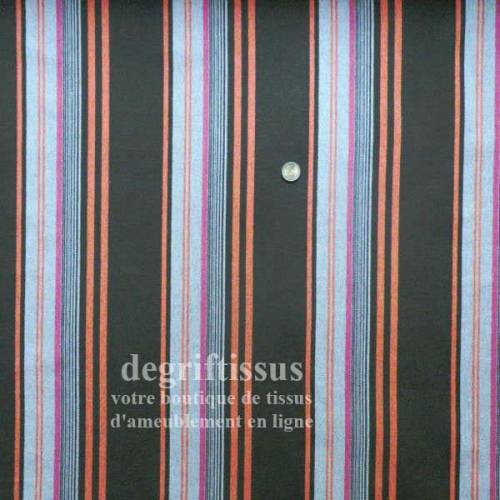 Dégriftissus vous propose ce tissu d&#039;ameublement rayé chocolat, orange, fushia et mauve Tissu d&#039;ameublement très épais et solide