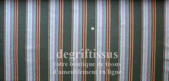 Dégriftissus vous propose ce tissu d&#039;ameublement rayé chocolat, orange, fushia et mauve Tissu d&#039;ameublement très épais et solide