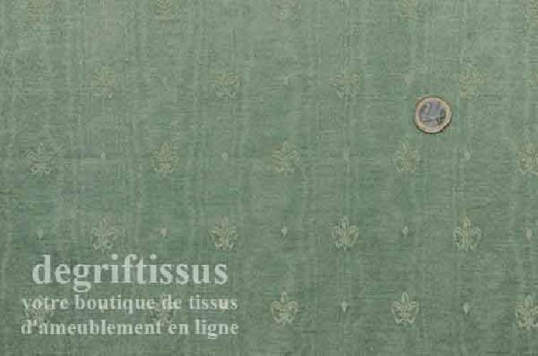 Satin d&#039;ameublement tissé vert à fleurs de lys Dégriftissus vous propose ce tissu d&#039;ameublement vert avec fleurs de lys. Tissage
