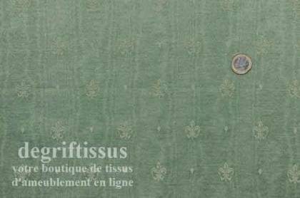 Satin d&#039;ameublement tissé vert à fleurs de lys Dégriftissus vous propose ce tissu d&#039;ameublement vert avec fleurs de lys. Tissage