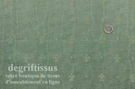 Satin d'ameublement tissé vert à fleurs de lys Dégriftissus vous propose ce tissu d'ameublement vert avec fleurs de lys. Tissage