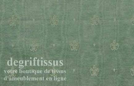 Satin d&#039;ameublement tissé vert à fleurs de lys Dégriftissus vous propose ce tissu d&#039;ameublement vert avec fleurs de lys. Tissage