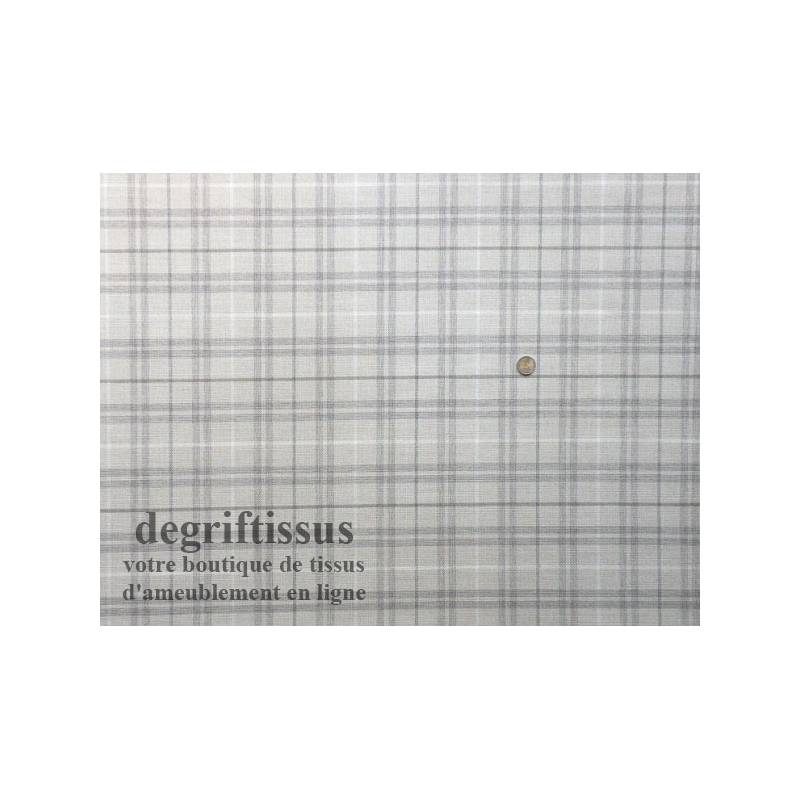 Dégriftissus vous propose ce tissu d'ameublement Jacquard écossais lin, blanc, gris, beige, doublé latex, de forte épaisseur et 