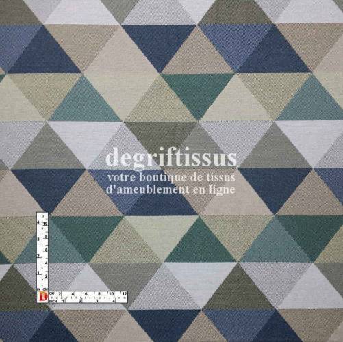 Triangles bleus verts beiges Dégriftissus vous propose ce superbe tissu d&#039;ameublement avec motifs triangulaires bleus, verts et 