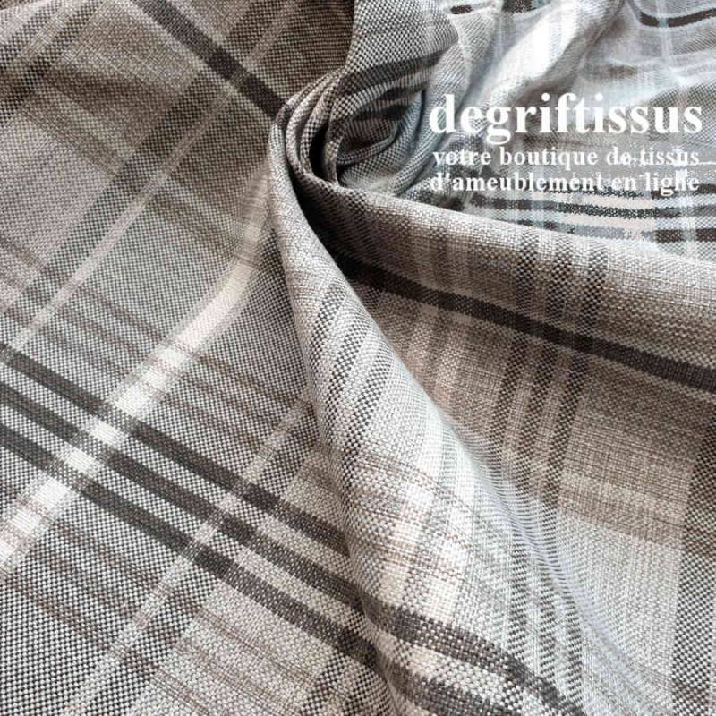 Dégriftissus vous propose ce tissu d'ameublement écossais madras gris beige, tissé Jacquard de très haute qualité doublé latex, 