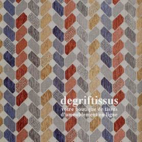 Tissu ameublement - velours chenillé tissé Jacquard - motifs chevrons bleus, bordeaux, gris et beige - degriftissus.com