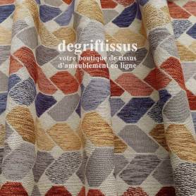 Tissu ameublement - velours chenillé Jacquard - motifs chevrons bleus, bordeaux, gris et beige - degriftissus.com