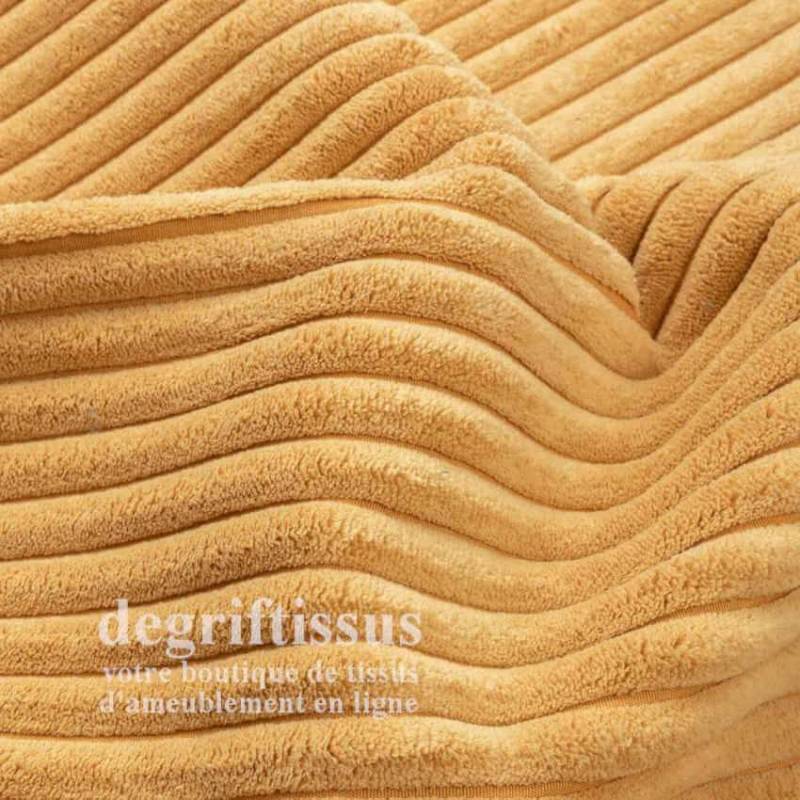 Tissu ameublement - Velours grosse côte jaune - chaises - fauteuils - coussins - tête de lit - double rideau