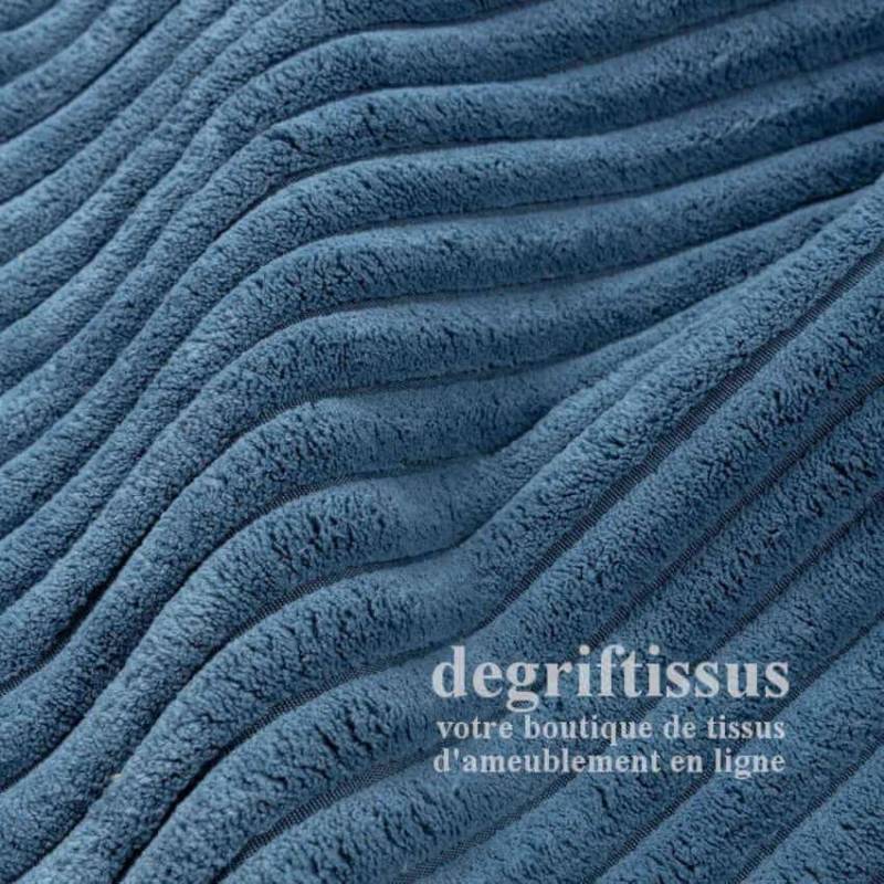 Tissu ameublement - Velours grosse côte bleu - chaises - fauteuils - coussins - tête de lit - double rideau